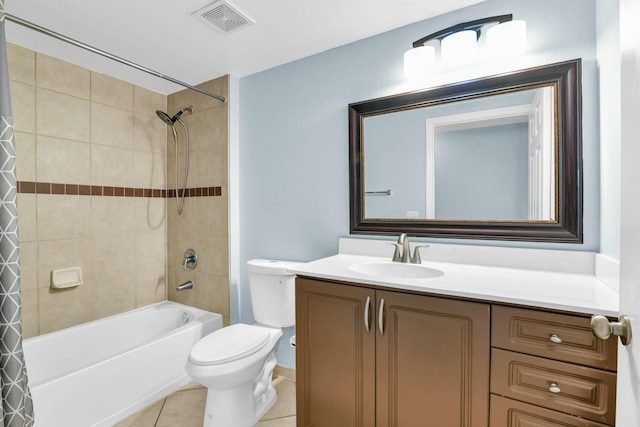 full bathroom featuring toilet, tile patterned flooring, shower / tub combo, and vanity