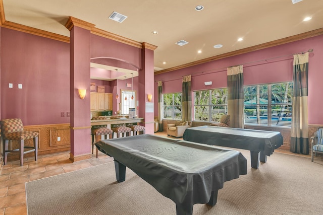 recreation room with billiards and crown molding