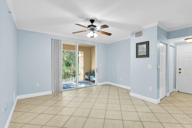 empty room featuring light tile patterned flooring, ceiling fan, and ornamental molding