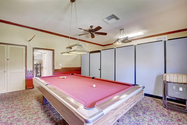 rec room with pool table, ornamental molding, and ceiling fan