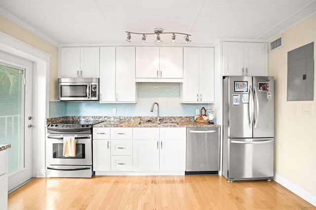 kitchen featuring white cabinets, sink, stainless steel appliances, and light hardwood / wood-style flooring