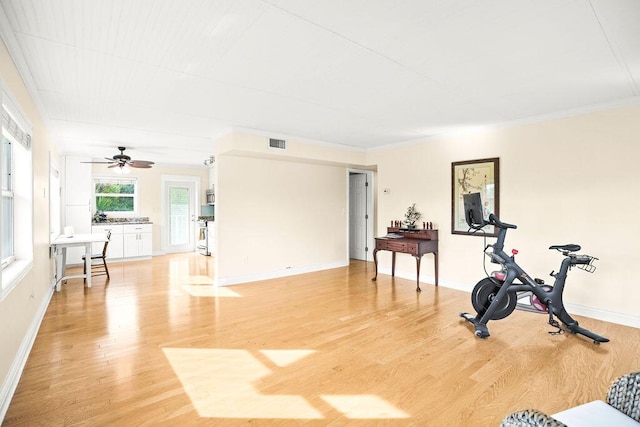 exercise room with ceiling fan, ornamental molding, and light wood-type flooring