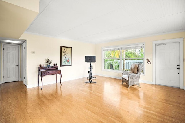 living area featuring crown molding and light hardwood / wood-style flooring