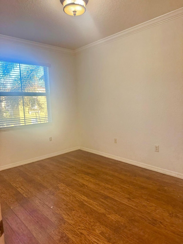 spare room with crown molding, dark hardwood / wood-style floors, and a textured ceiling