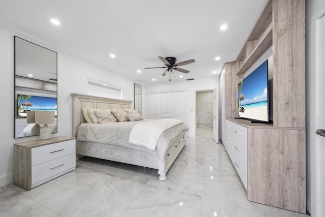 bedroom with ceiling fan and crown molding