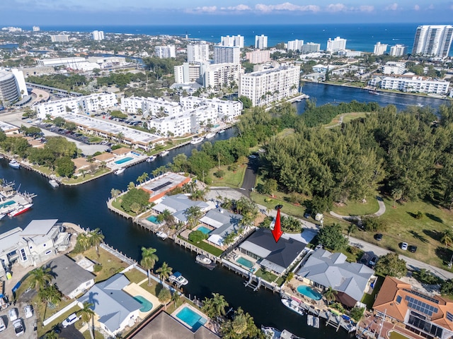 drone / aerial view with a water view