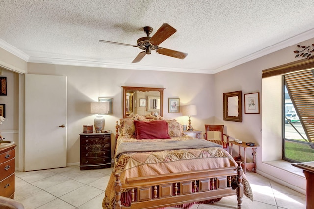 tiled bedroom with ceiling fan, crown molding, and a textured ceiling