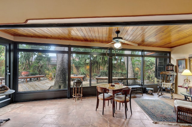 sunroom / solarium with ceiling fan and wood ceiling