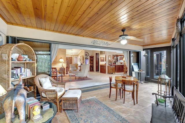 sunroom / solarium featuring ceiling fan and wooden ceiling