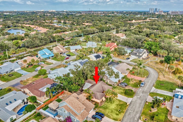 drone / aerial view featuring a water view