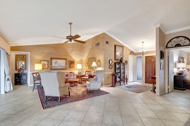 tiled living room with crown molding, high vaulted ceiling, and ceiling fan with notable chandelier