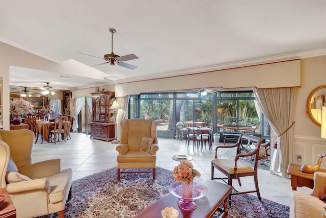 tiled living room with lofted ceiling and ornamental molding