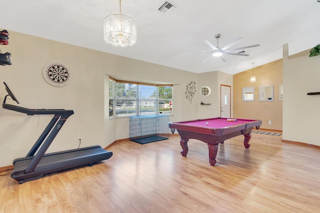 playroom featuring ceiling fan, lofted ceiling, billiards, and light hardwood / wood-style flooring