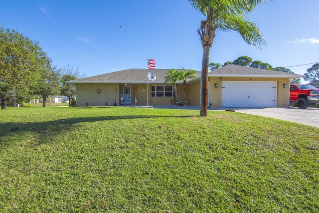 ranch-style home with a garage and a front lawn