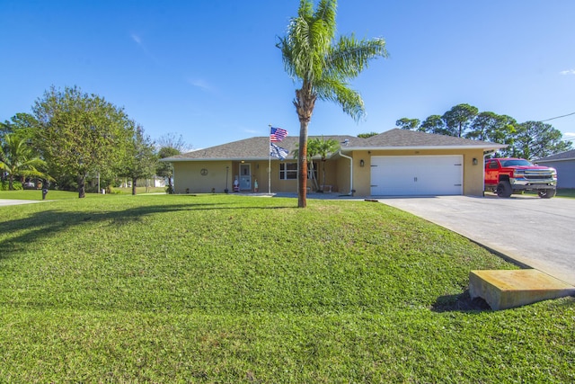 ranch-style house with a garage and a front yard