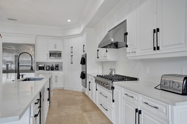 kitchen featuring built in appliances, light stone countertops, white cabinetry, and exhaust hood