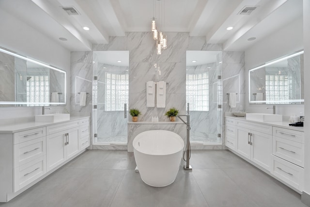 bathroom featuring beam ceiling, a healthy amount of sunlight, tile walls, and independent shower and bath