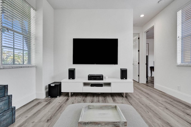 living room with a wealth of natural light and light hardwood / wood-style flooring