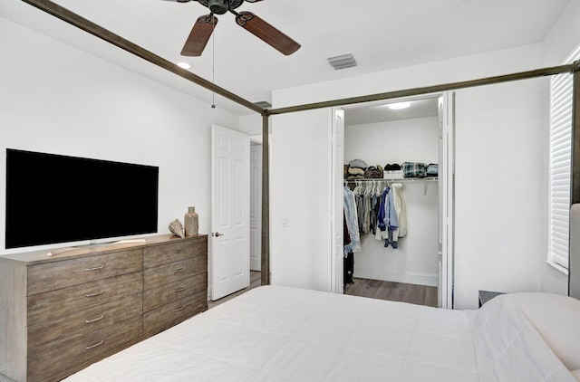 bedroom with ceiling fan, a closet, wood-type flooring, and a spacious closet