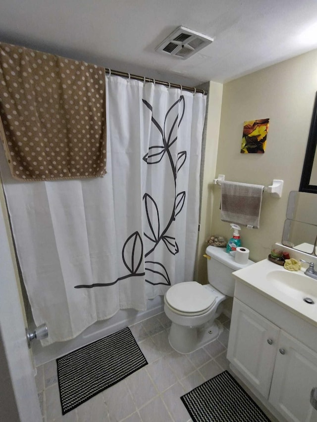 full bathroom with tile patterned flooring, vanity, toilet, and shower / tub combo with curtain