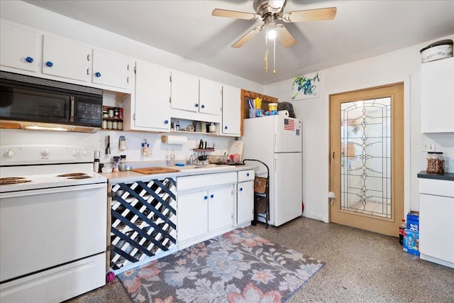 kitchen with ceiling fan, white cabinetry, white appliances, and sink