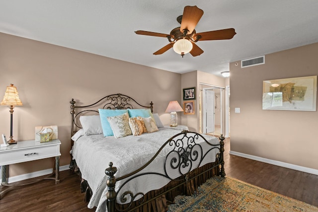 bedroom with dark hardwood / wood-style flooring, a closet, and ceiling fan