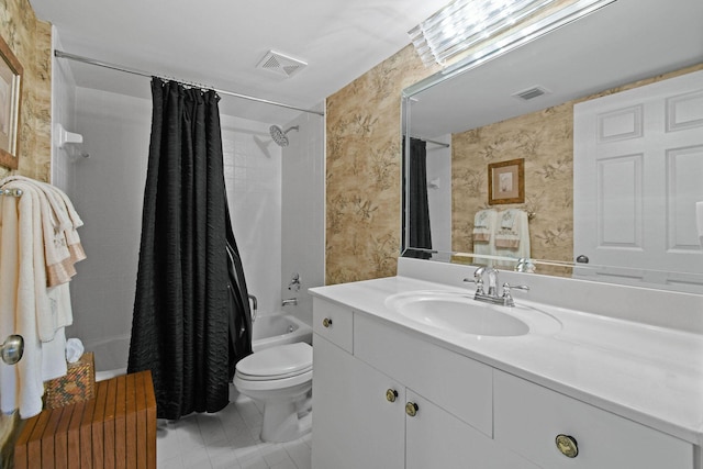 full bathroom with radiator, vanity, toilet, and shower / bathtub combination with curtain