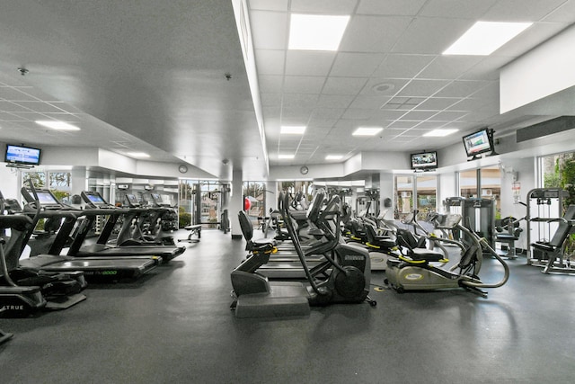 workout area with a drop ceiling and a healthy amount of sunlight