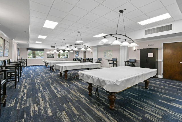 recreation room featuring dark colored carpet and billiards