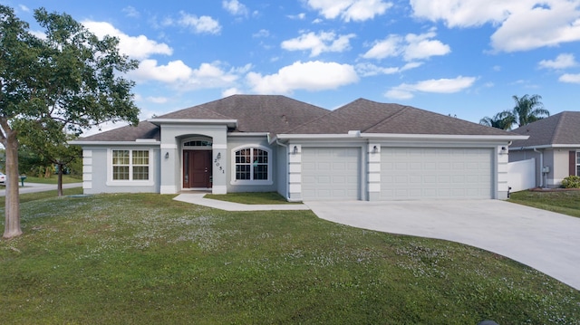 ranch-style house with a front yard and a garage