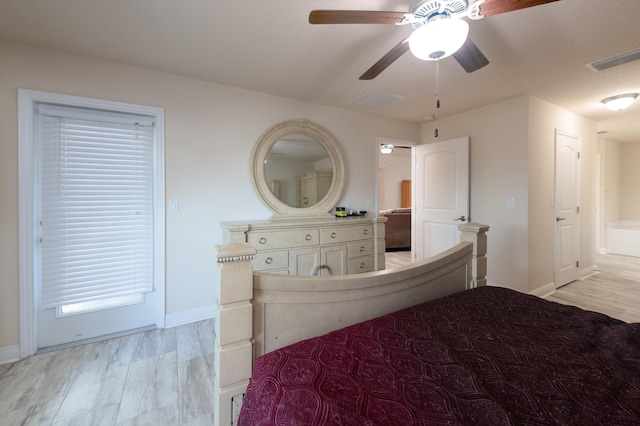 bedroom featuring light wood-type flooring and ceiling fan