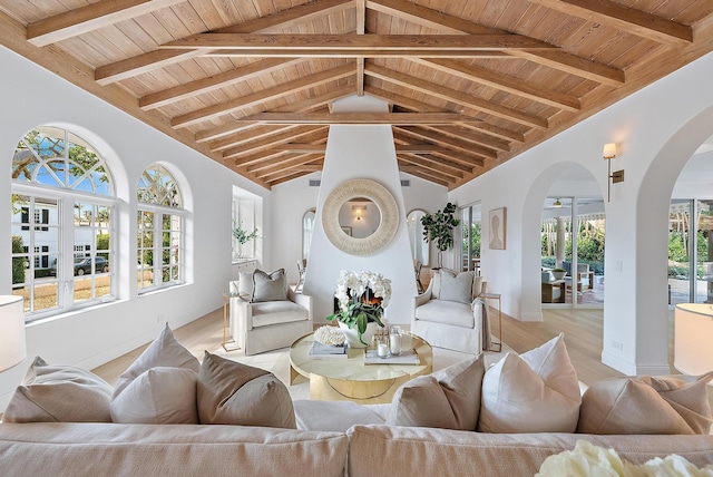 living room featuring wood ceiling, high vaulted ceiling, light hardwood / wood-style floors, and beam ceiling