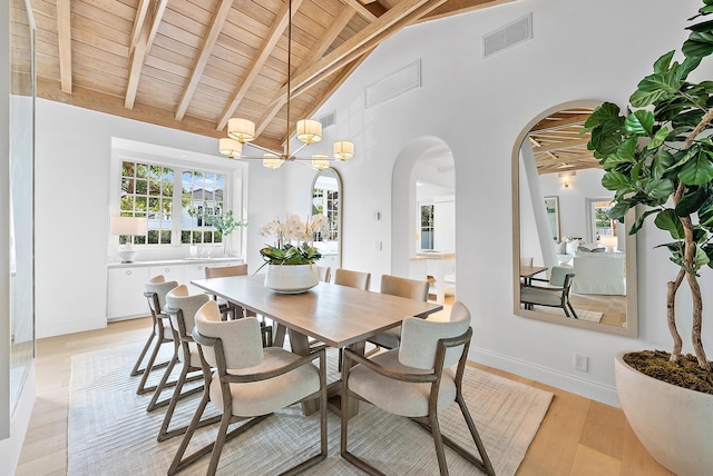 dining space featuring beamed ceiling, light wood-type flooring, high vaulted ceiling, and wood ceiling