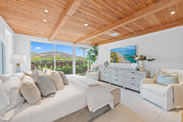 bedroom featuring beam ceiling, access to exterior, and wooden ceiling