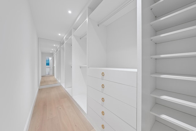 walk in closet with light hardwood / wood-style floors