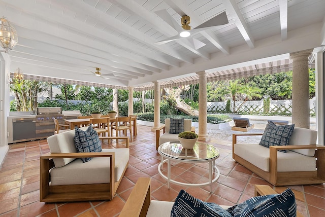 view of patio / terrace featuring an outdoor living space, an outdoor kitchen, ceiling fan, and a grill