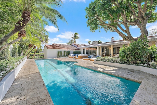 view of swimming pool with a patio area, ceiling fan, and outdoor lounge area