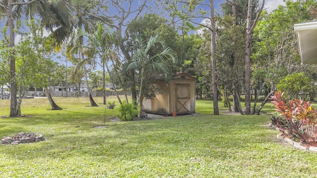 view of yard featuring a storage shed