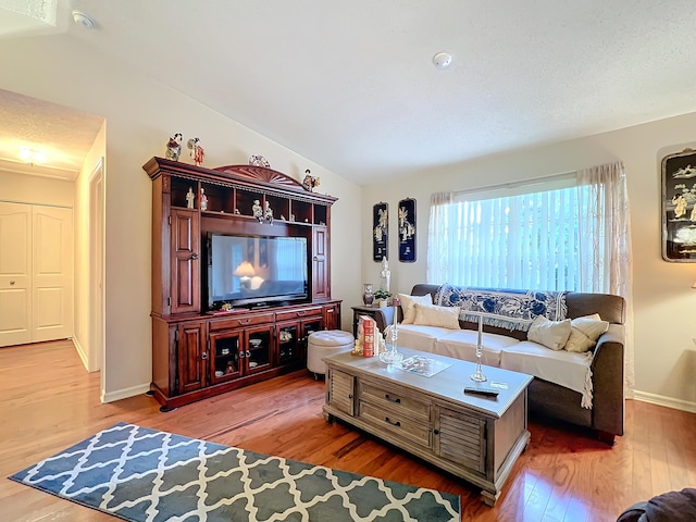 living room with hardwood / wood-style flooring and vaulted ceiling