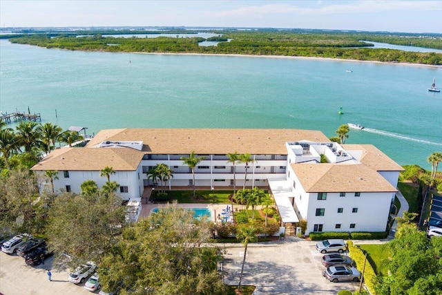 drone / aerial view with a water view