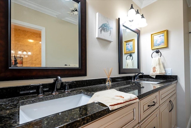 bathroom with vanity, ceiling fan, and crown molding