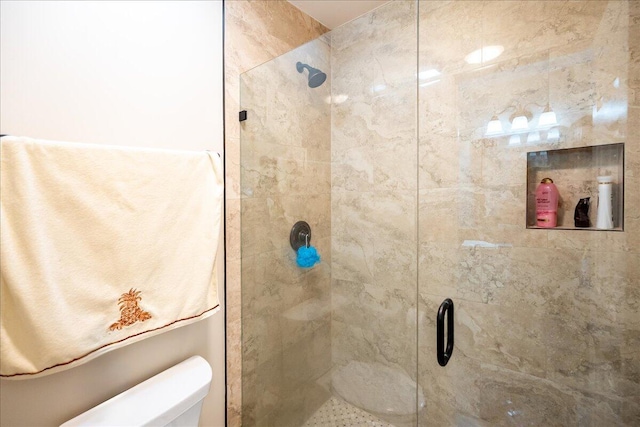 bathroom with a shower with shower door and toilet