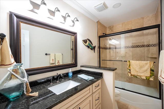 full bathroom with shower / bath combination with glass door, vanity, toilet, and crown molding