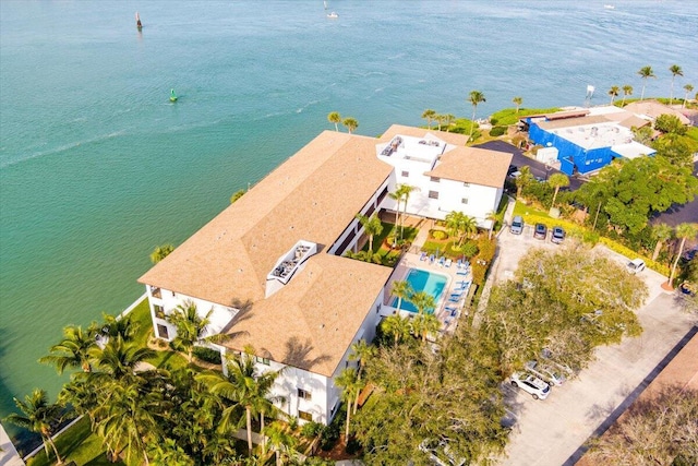 birds eye view of property featuring a water view