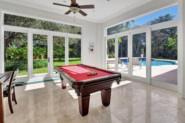 playroom featuring ceiling fan, french doors, ornamental molding, and pool table