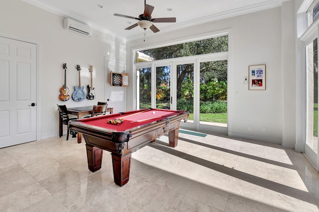 game room with a wealth of natural light, an AC wall unit, crown molding, and billiards