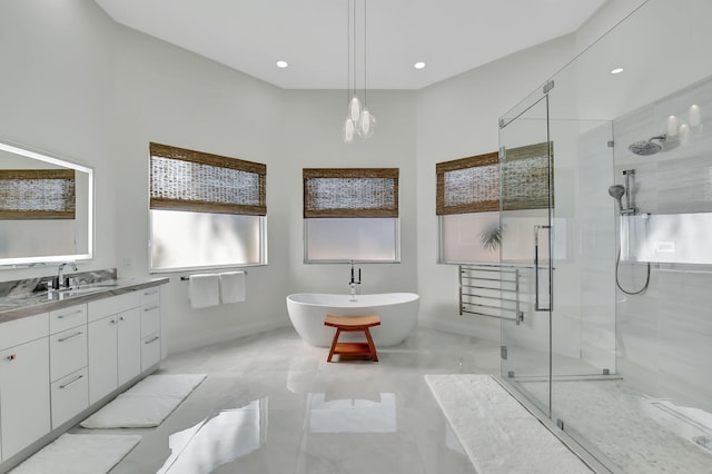 bathroom featuring vanity and independent shower and bath