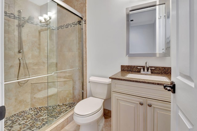 bathroom featuring vanity, toilet, and a shower with shower door