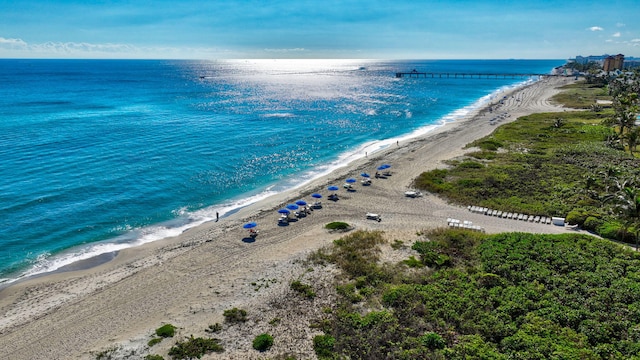 birds eye view of property with a view of the beach and a water view