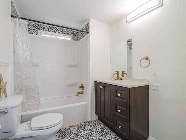 full bathroom with shower / bath combo, tile patterned flooring, vanity, and toilet